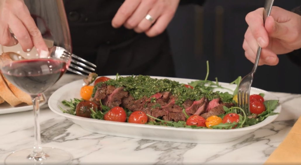 tasting the tri-tip steak and blistered tomatoes