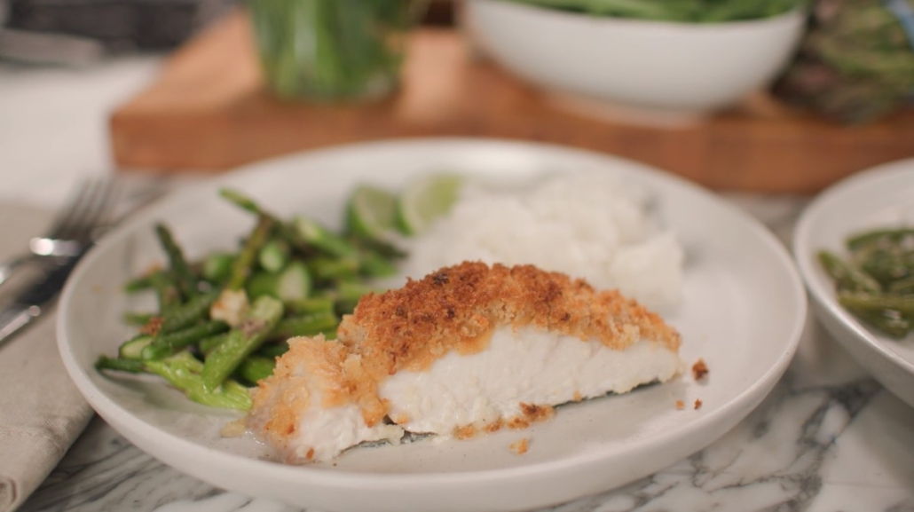 Fusion inspired miso butter baked halibut with roasted asparagus and rice 