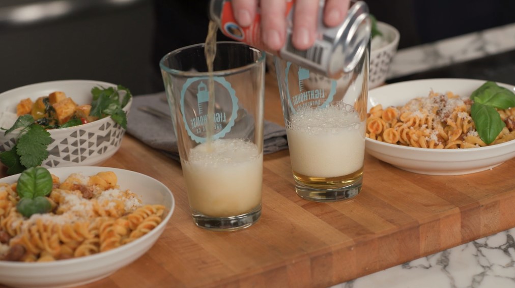 Lighthouse beer being poured with pantry staple meals