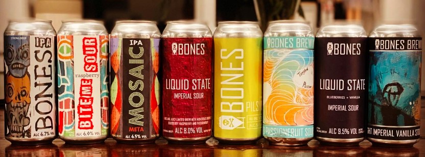 lineup of beers from Bones Brewing