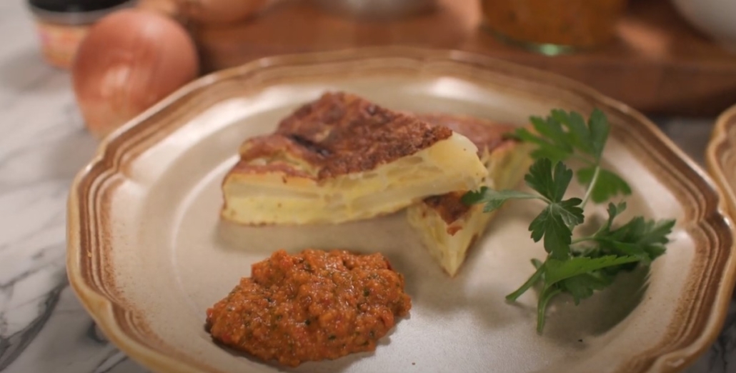 Spanish inspired Potato Tortilla with roasted red pepper romesco sauce