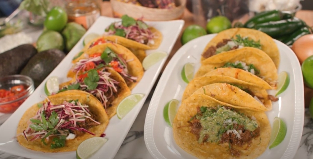 Mexican inspired Beef birria tacos and smoky green salsa