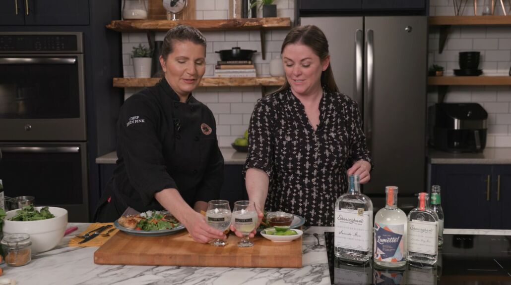 Chef Heidi and Shanyn Ward on episode 5 of Cookin' on the Coast with gin and tonics made with Sheringham Seaside Gin.